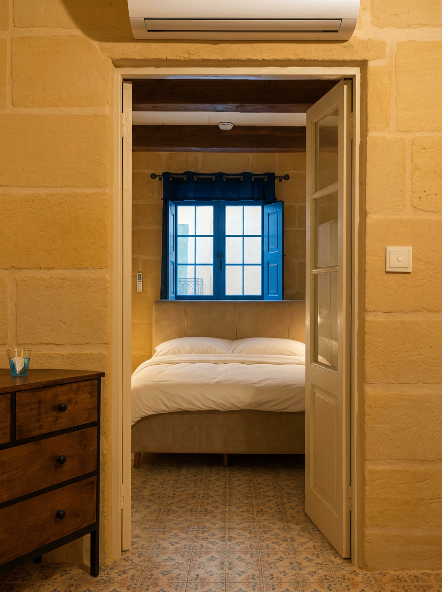 View through limestone doorway into a cozy bedroom with blue Maltese shutters